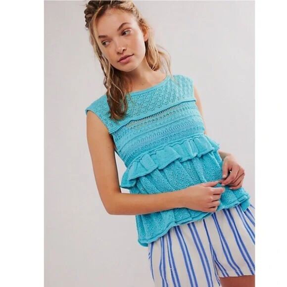 NWOT Free People Blue Juliette Ruffle Top, Sz Small, Linen Boho Knit Hippie - Picture 1 of 12
